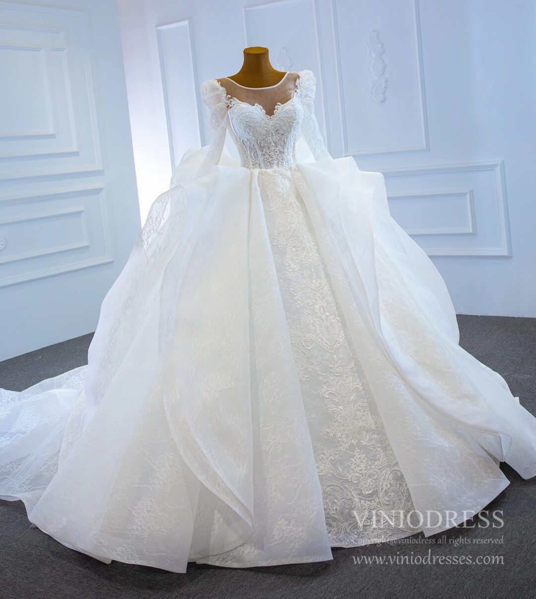 Vintage Long Sleeve Wedding Dresses Haute Couture Princess Wedding Gown 67220-wedding dresses 2025 -Viniodress-Ivory-Custom Size-
