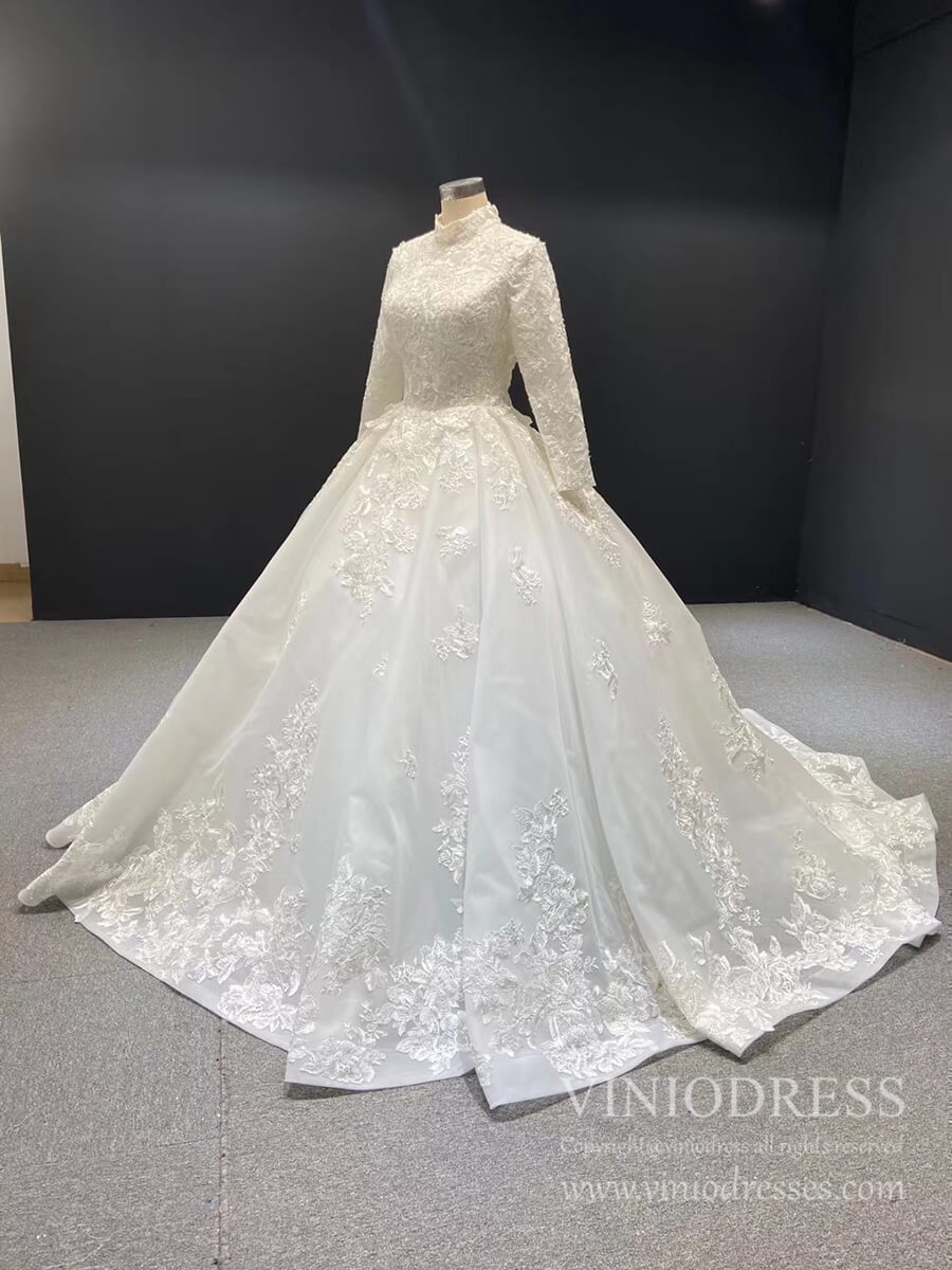 Vintage Long Sleeve White Muslim Wedding Dresses Lace Appliques VW1186B-wedding dresses 2025 -Viniodress-Ivory-Custom Size-