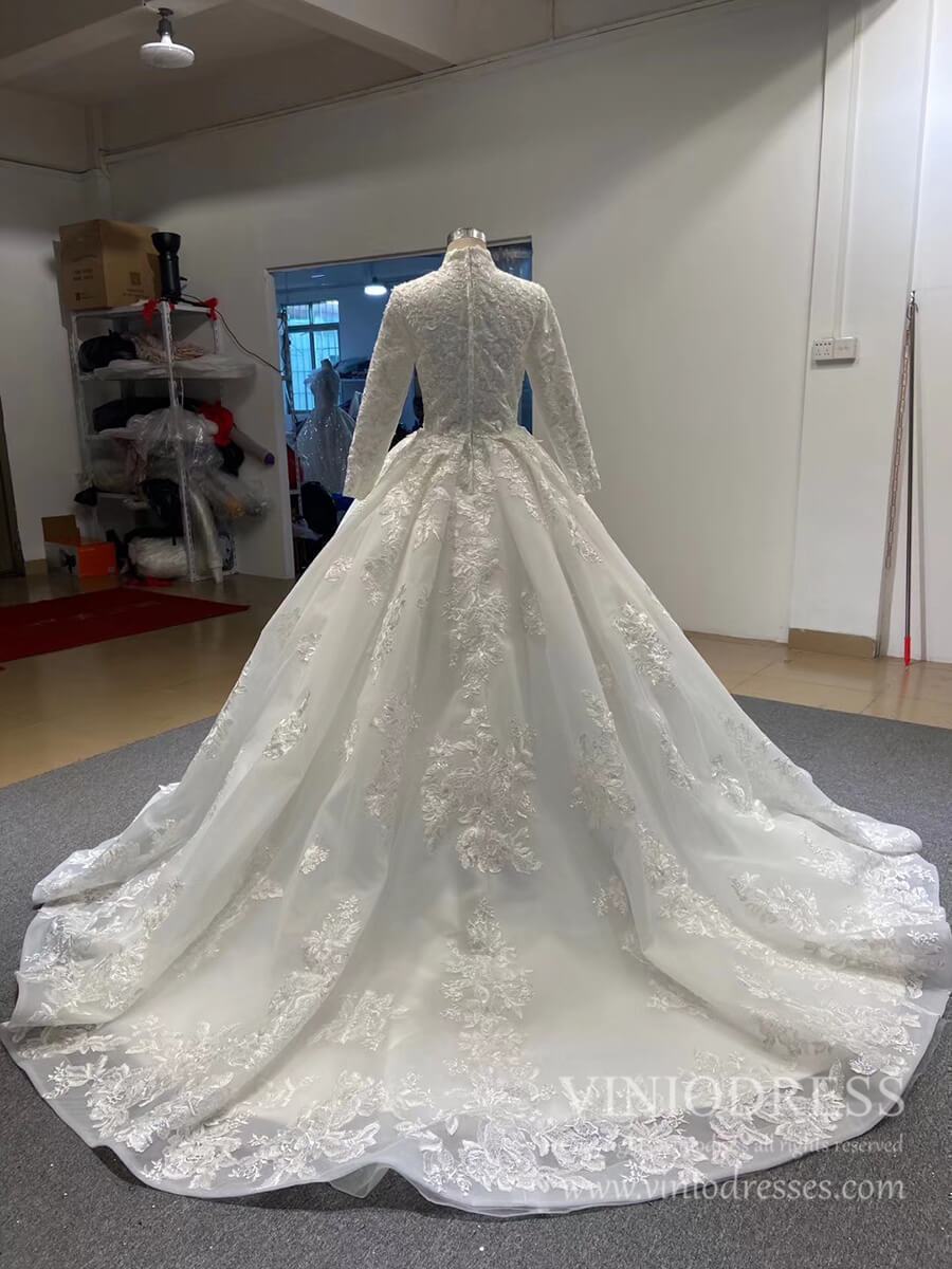 Vintage Long Sleeve White Muslim Wedding Dresses Lace Appliques VW1186B-wedding dresses 2025 -Viniodress-Ivory-Custom Size-