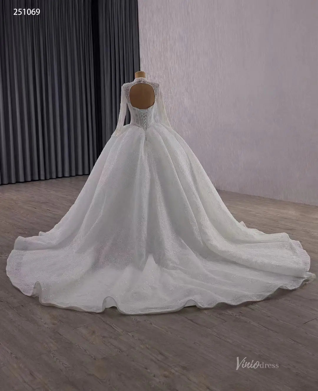 Vintage Luxury Beaded Lace Ball Gown Wedding Dress | High Neck Long Sleeve Bridal Gown with Open Back & 1m Train 251069-wedding dresses 2025 -Viniodress-Ivory-Custom Size-