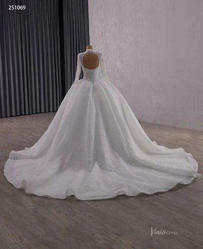 Vintage Luxury Beaded Lace Ball Gown Wedding Dress | High Neck Long Sleeve Bridal Gown with Open Back & 1m Train 251069-wedding dresses 2025 -Viniodress-Ivory-Custom Size-