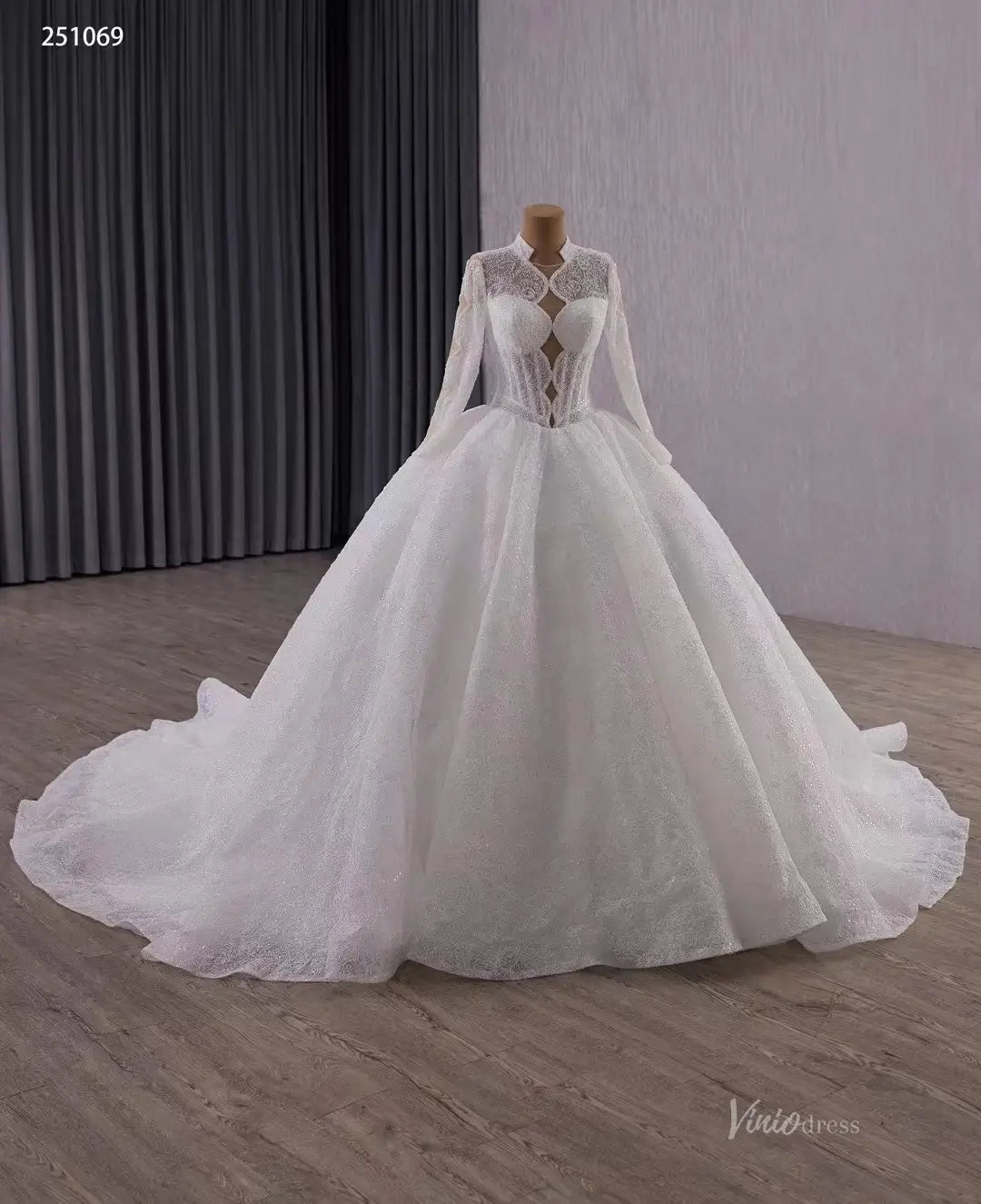 Vintage Luxury Beaded Lace Ball Gown Wedding Dress | High Neck Long Sleeve Bridal Gown with Open Back & 1m Train 251069-wedding dresses 2025 -Viniodress-Ivory-Custom Size-