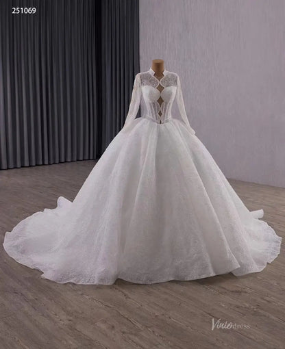 Vintage Luxury Beaded Lace Ball Gown Wedding Dress | High Neck Long Sleeve Bridal Gown with Open Back & 1m Train 251069-wedding dresses 2025 -Viniodress-Ivory-Custom Size-