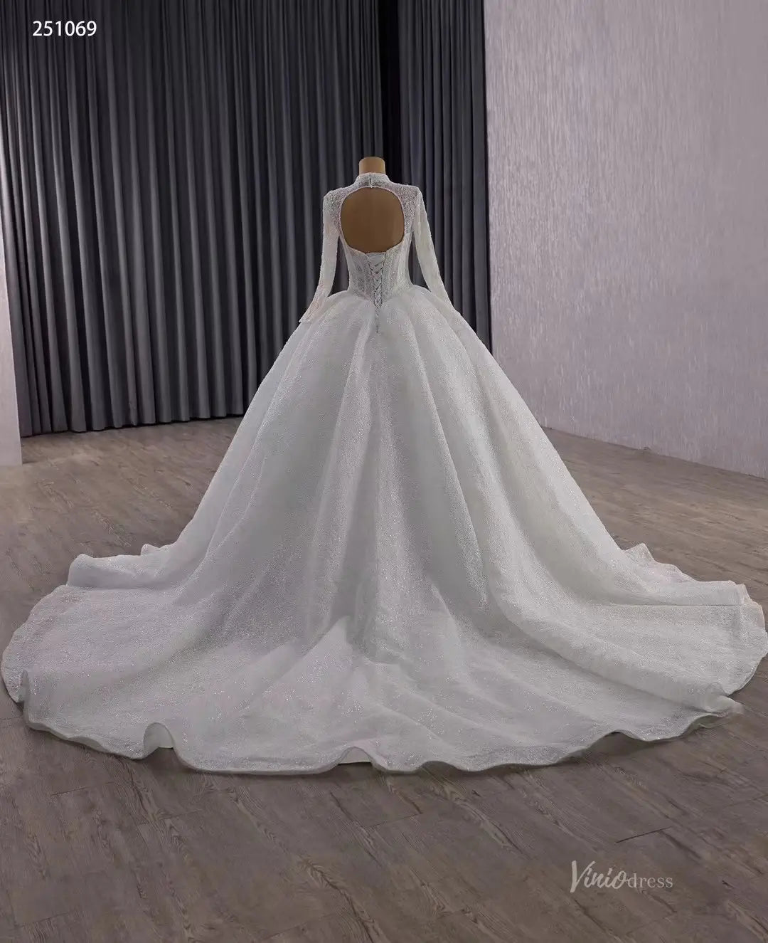 Vintage Luxury Beaded Lace Ball Gown Wedding Dress | High Neck Long Sleeve Bridal Gown with Open Back & 1m Train 251069-wedding dresses 2025 -Viniodress-Ivory-Custom Size-
