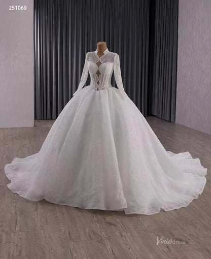 Vintage Luxury Beaded Lace Ball Gown Wedding Dress | High Neck Long Sleeve Bridal Gown with Open Back & 1m Train 251069-wedding dresses 2025 -Viniodress-Ivory-Custom Size-