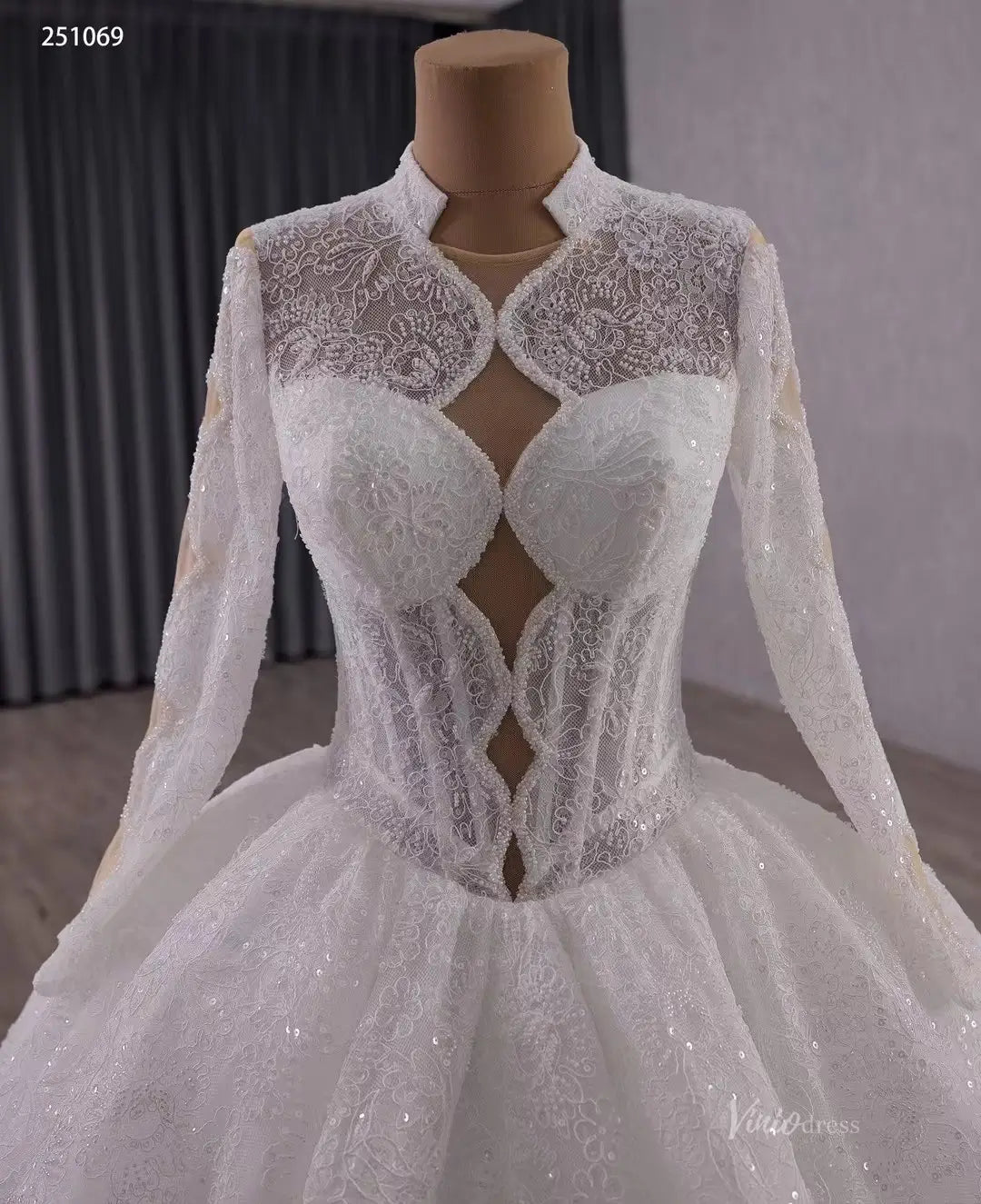 Vintage Luxury Beaded Lace Ball Gown Wedding Dress | High Neck Long Sleeve Bridal Gown with Open Back & 1m Train 251069-wedding dresses 2025 -Viniodress-Ivory-Custom Size-