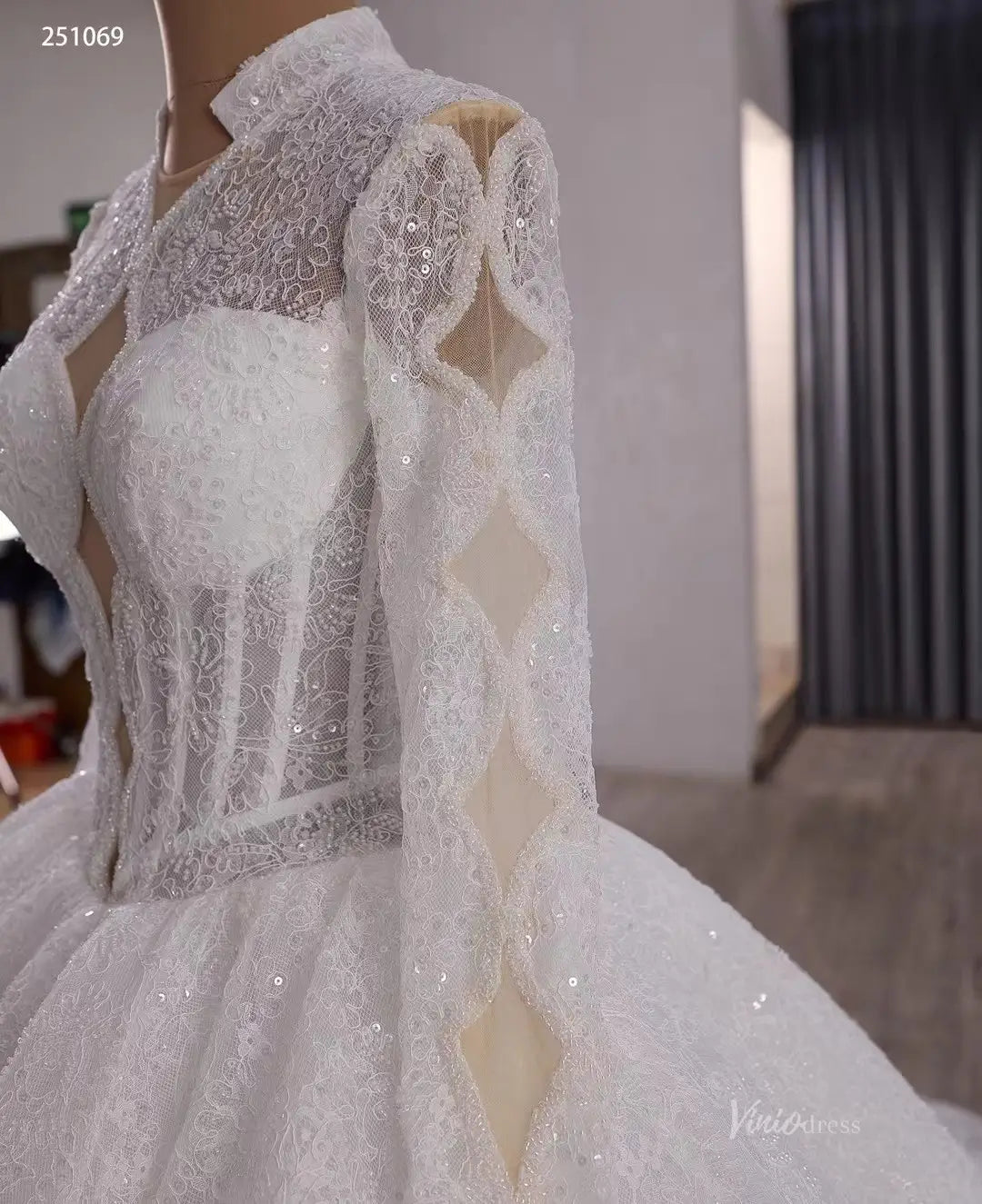 Vintage Luxury Beaded Lace Ball Gown Wedding Dress | High Neck Long Sleeve Bridal Gown with Open Back & 1m Train 251069-wedding dresses 2025 -Viniodress-Ivory-Custom Size-
