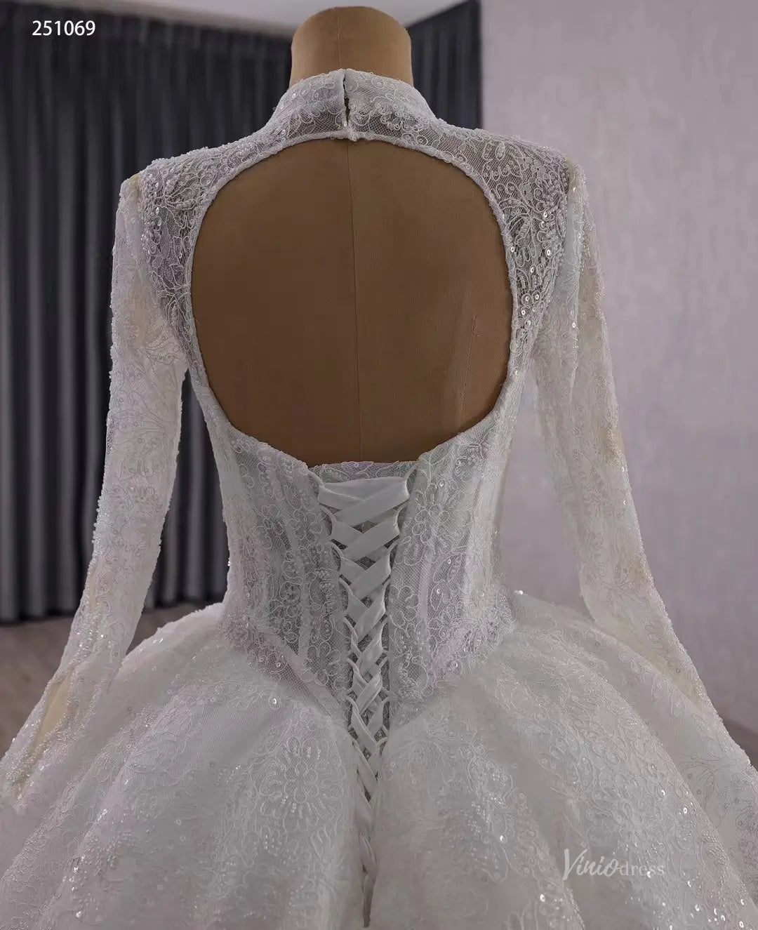 Vintage Luxury Beaded Lace Ball Gown Wedding Dress | High Neck Long Sleeve Bridal Gown with Open Back & 1m Train 251069-wedding dresses 2025 -Viniodress-Ivory-Custom Size-