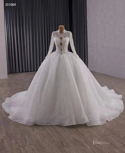 Vintage Luxury Beaded Lace Ball Gown Wedding Dress | High Neck Long Sleeve Bridal Gown with Open Back & 1m Train 251069-wedding dresses 2025 -Viniodress-Ivory-Custom Size-