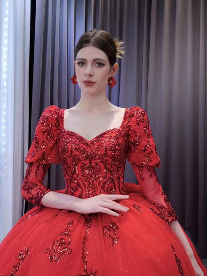 Vintage Luxury Red Wedding Dresses Sparkly Long Sleeve Ball Gown 231134-Quinceanera Dresses 2025 -Viniodress-Red-Custom Size-