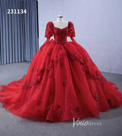 Vintage Luxury Red Wedding Dresses Sparkly Long Sleeve Ball Gown 231134-Quinceanera Dresses 2025 -Viniodress-Red-Custom Size-