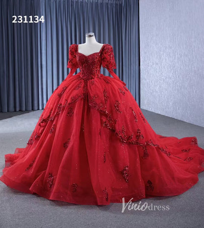 Vintage Luxury Red Wedding Dresses Sparkly Long Sleeve Ball Gown 231134-Quinceanera Dresses 2025 -Viniodress-Red-Custom Size-