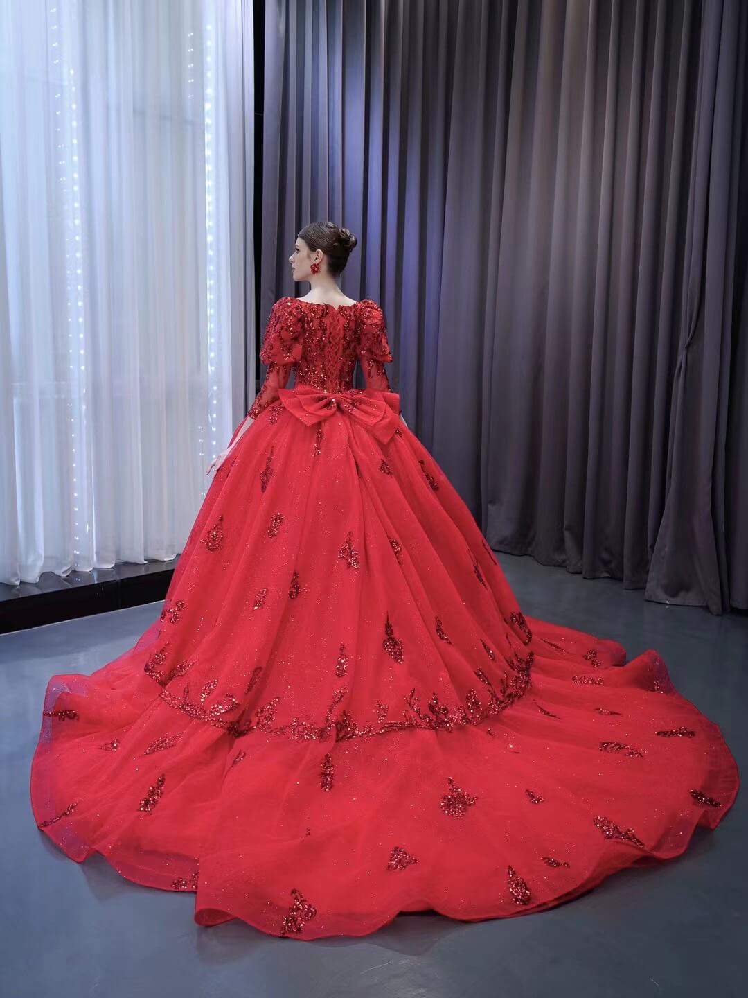 Vintage Luxury Red Wedding Dresses Sparkly Long Sleeve Ball Gown 231134 - ViniodressQuinceanera DressesRedCustom Size - Formal Dresses - Ball Gowns