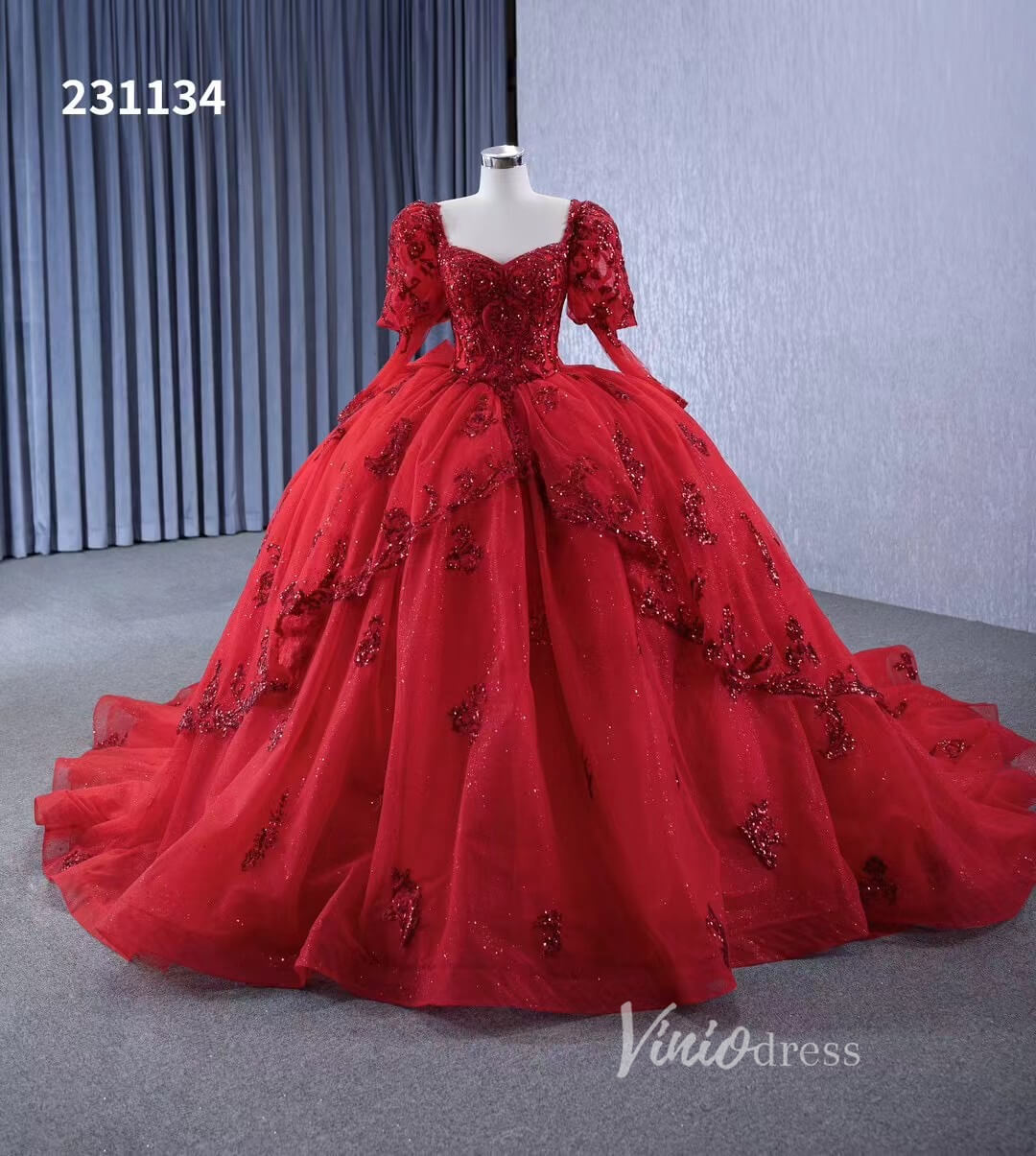 Vintage Luxury Red Wedding Dresses Sparkly Long Sleeve Ball Gown 231134 - ViniodressQuinceanera DressesRedCustom Size - Formal Dresses - Ball Gowns