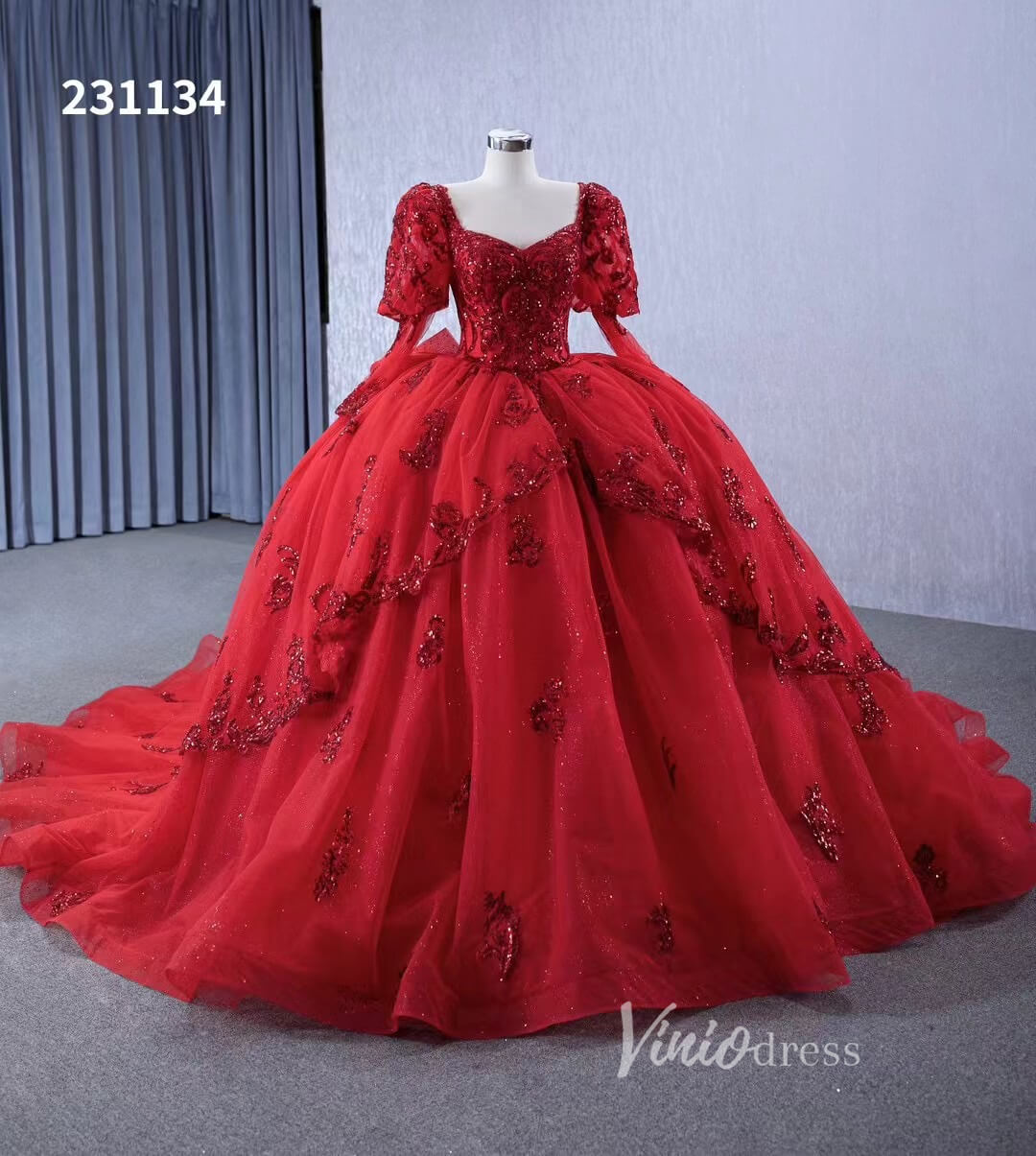 Vintage Luxury Red Wedding Dresses Sparkly Long Sleeve Ball Gown 231134 - ViniodressQuinceanera DressesRedCustom Size - Formal Dresses - Ball Gowns