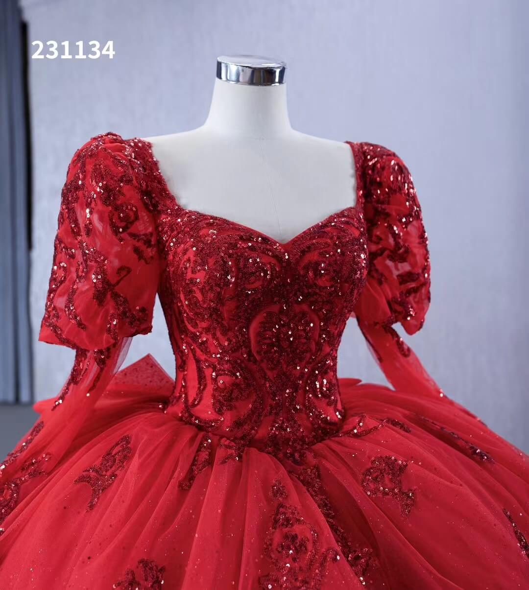 Vintage Luxury Red Wedding Dresses Sparkly Long Sleeve Ball Gown 231134 - ViniodressQuinceanera DressesRedCustom Size - Formal Dresses - Ball Gowns