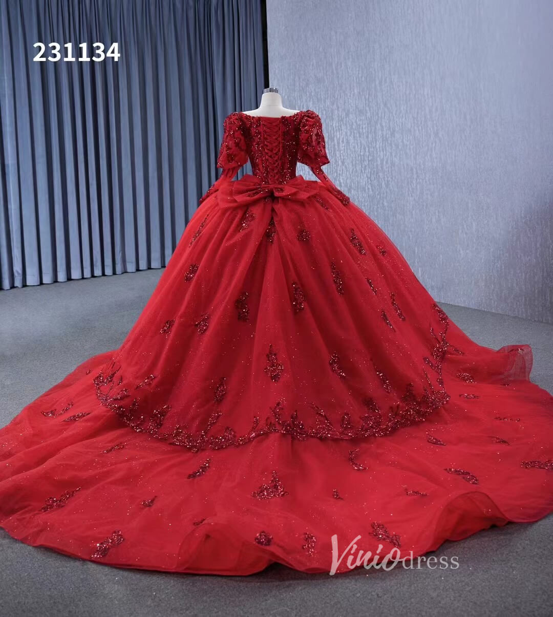 Vintage Luxury Red Wedding Dresses Sparkly Long Sleeve Ball Gown 231134 - ViniodressQuinceanera DressesRedCustom Size - Formal Dresses - Ball Gowns