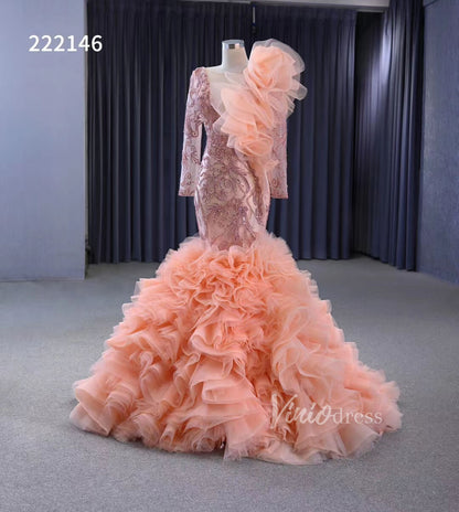 Vintage Mermaid Pageant Dress Long Sleeve Ruffled Wedding Dresses 222146-wedding dresses 2025 -Viniodress-Blush Pink-Custom Size-