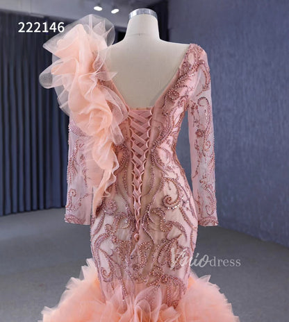 Vintage Mermaid Pageant Dress Long Sleeve Ruffled Wedding Dresses 222146-wedding dresses 2025 -Viniodress-Blush Pink-Custom Size-