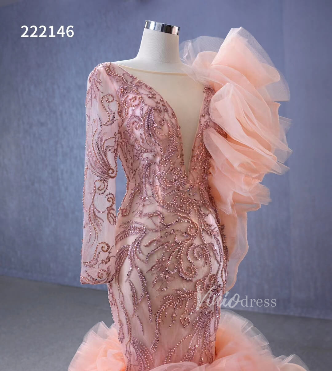 Vintage Mermaid Pageant Dress Long Sleeve Ruffled Wedding Dresses 222146-wedding dresses 2025 -Viniodress-Blush Pink-Custom Size-