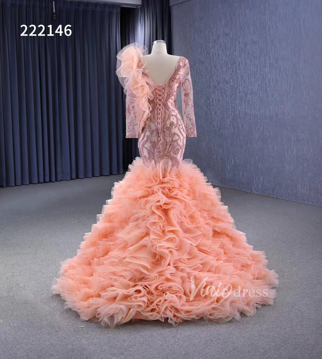 Vintage Mermaid Pageant Dress Long Sleeve Ruffled Wedding Dresses 222146-wedding dresses 2025 -Viniodress-Blush Pink-Custom Size-
