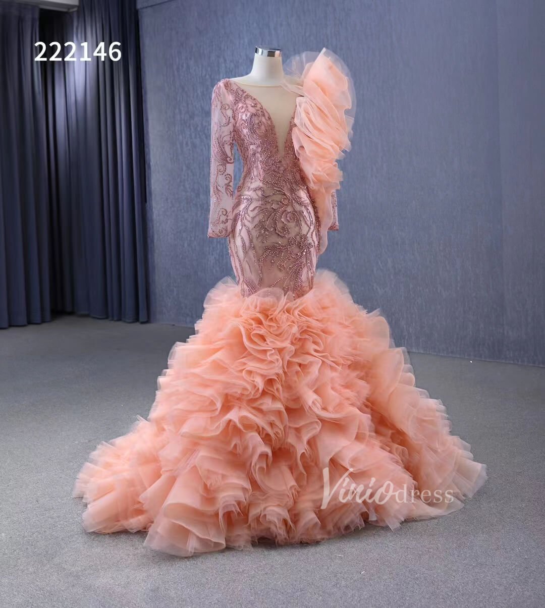 Vintage Mermaid Pageant Dress Long Sleeve Ruffled Wedding Dresses 222146-wedding dresses 2025 -Viniodress-Blush Pink-Custom Size-