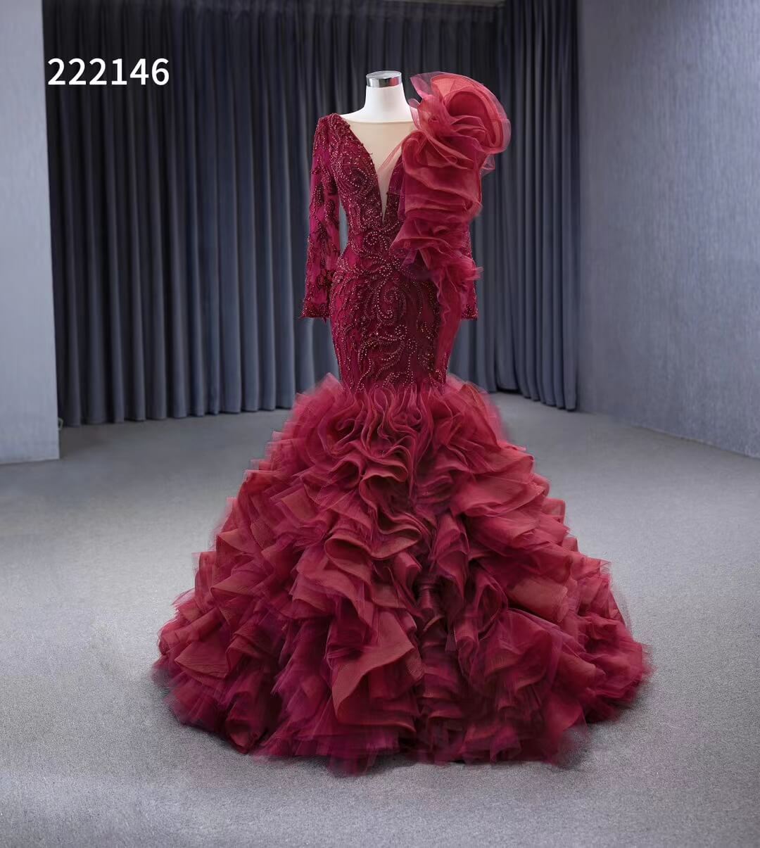 Vintage Mermaid Pageant Dress Long Sleeve Ruffled Wedding Dresses 222146-wedding dresses 2025 -Viniodress-Blush Pink-Custom Size-