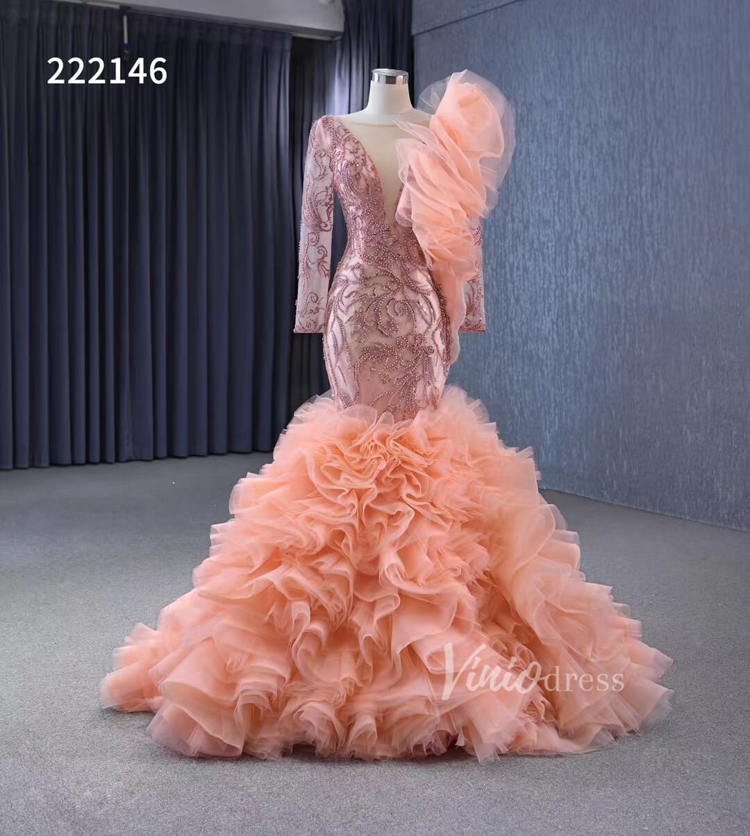 Vintage Mermaid Pageant Dress Long Sleeve Ruffled Wedding Dresses 222146-wedding dresses 2025 -Viniodress-Blush Pink-Custom Size-