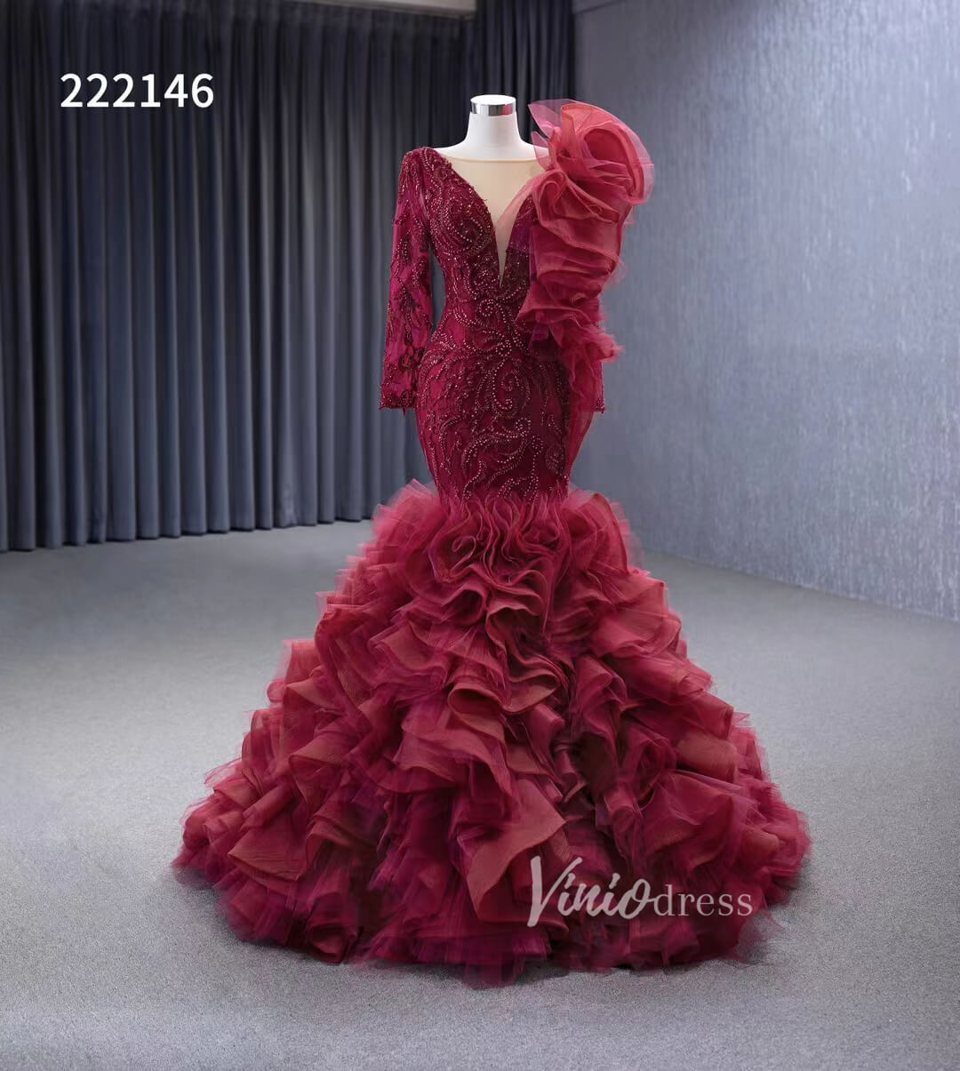 Vintage Mermaid Pageant Dress Long Sleeve Ruffled Wedding Dresses 222146-wedding dresses 2025 -Viniodress-Burgundy-Custom Size-