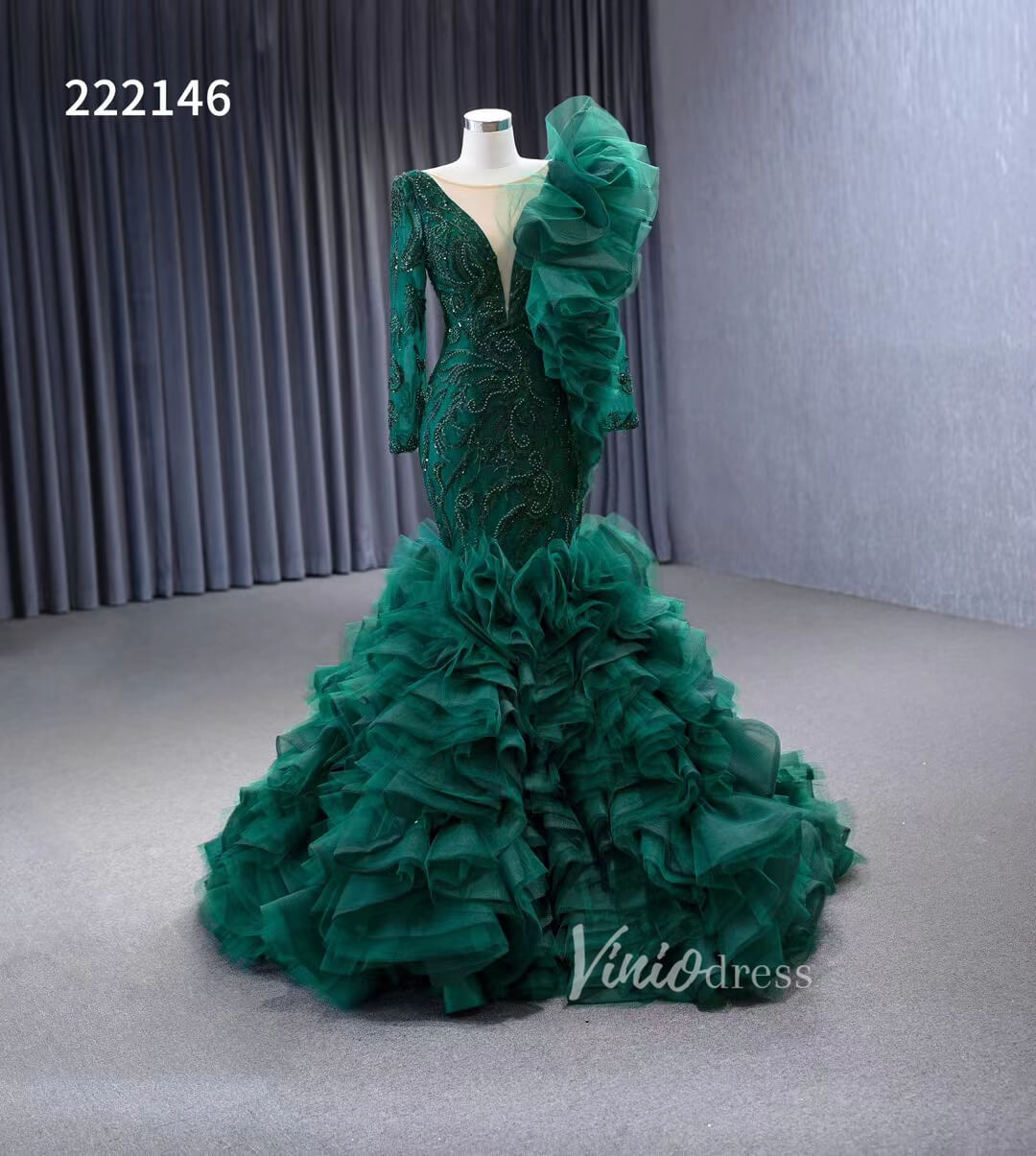 Vintage Mermaid Pageant Dress Long Sleeve Ruffled Wedding Dresses 222146-wedding dresses 2025 -Viniodress-Green-Custom Size-