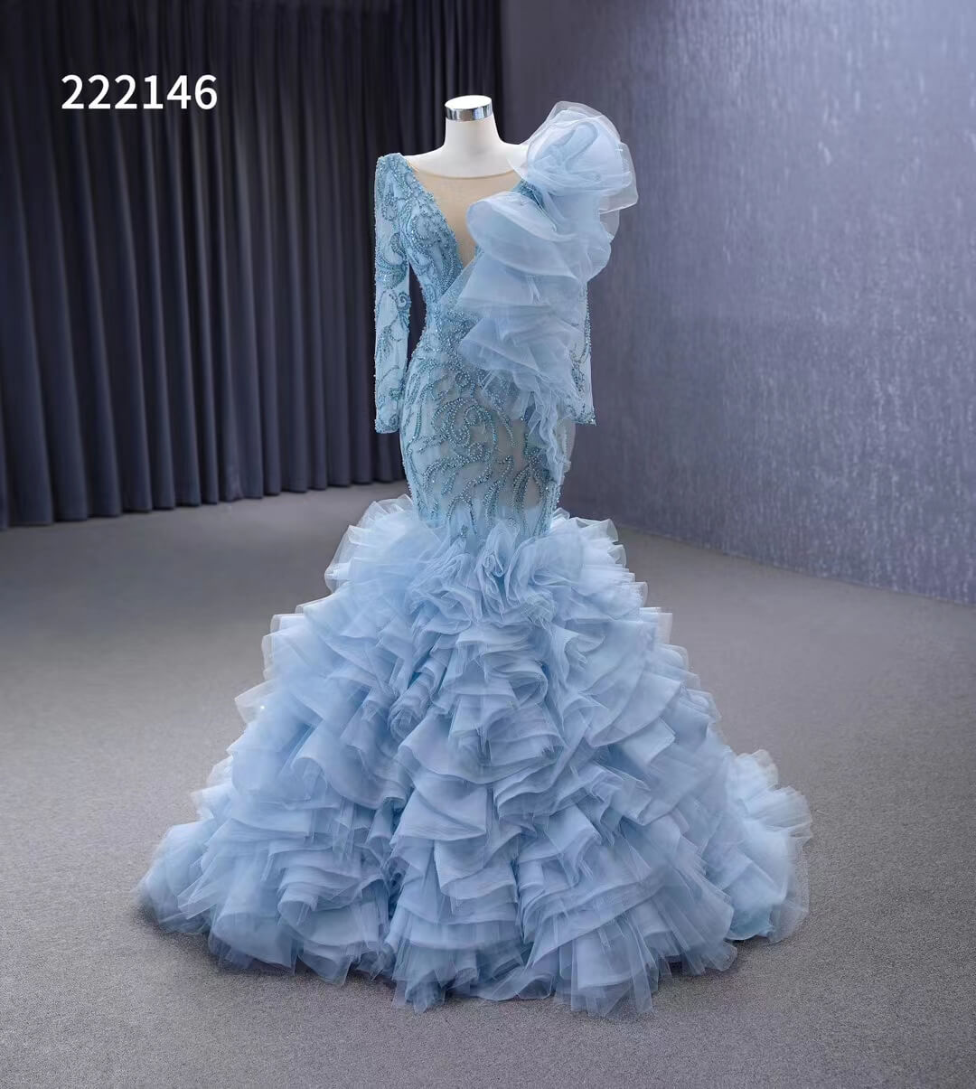 Vintage Mermaid Pageant Dress Long Sleeve Ruffled Wedding Dresses 222146-wedding dresses 2025 -Viniodress-Light Blue-Custom Size-