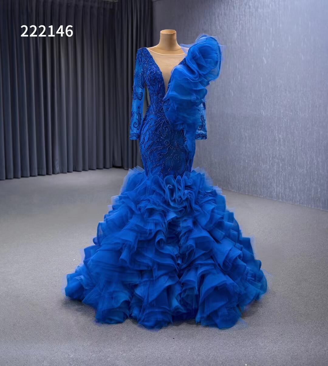 Vintage Mermaid Pageant Dress Long Sleeve Ruffled Wedding Dresses 222146-wedding dresses 2025 -Viniodress-Royal Blue-Custom Size-