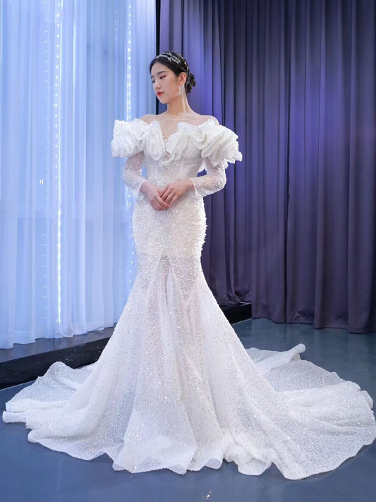 Vintage Mermaid Pearl Wedding Dresses with Sleeves 67280-wedding dresses 2025 -Viniodress-Ivory-Custom Size-