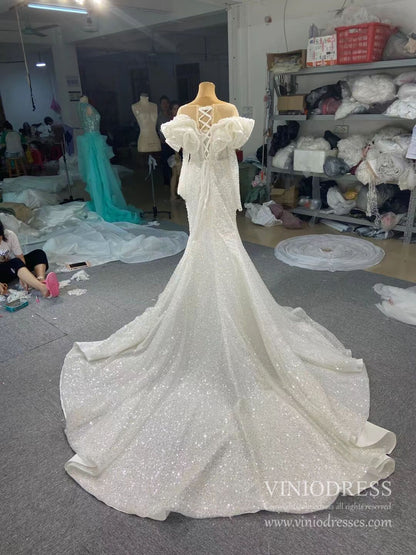 Vintage Mermaid Pearl Wedding Dresses with Sleeves 67280-wedding dresses 2025 -Viniodress-Ivory-Custom Size-