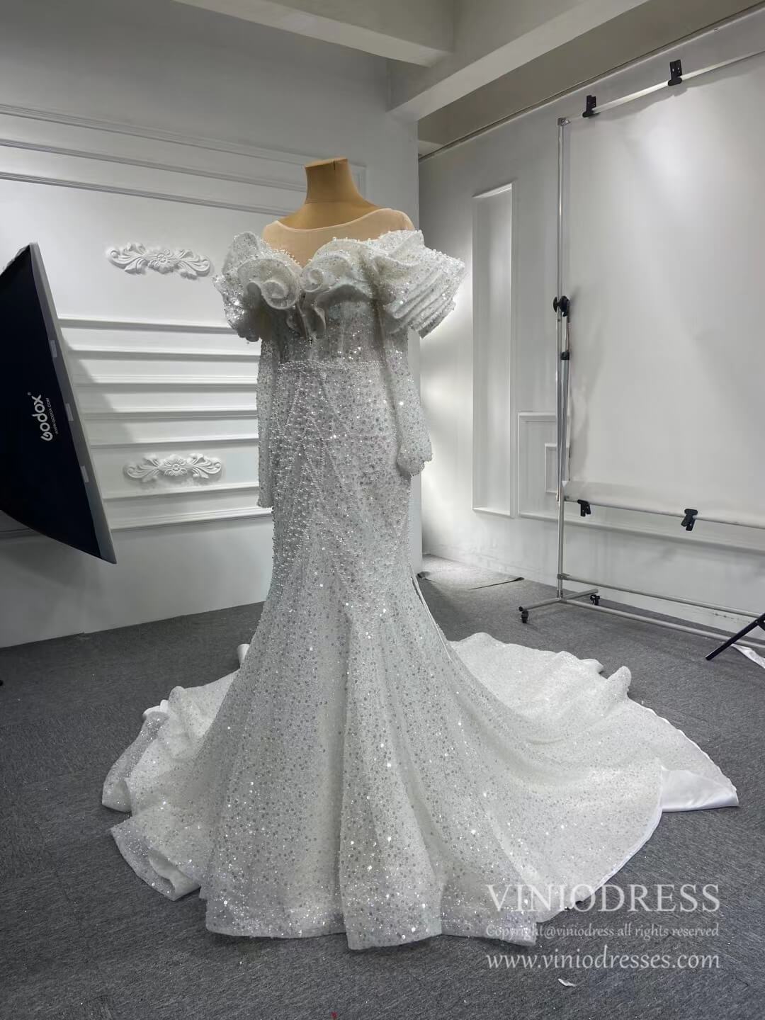 Vintage Mermaid Pearl Wedding Dresses with Sleeves 67280-wedding dresses 2025 -Viniodress-Ivory-Custom Size-
