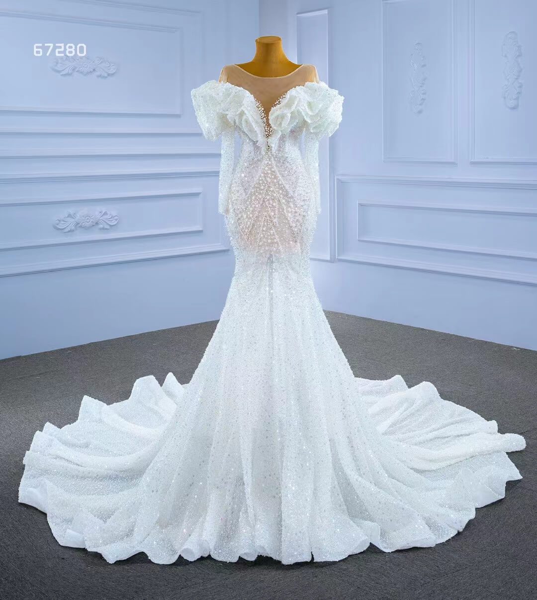 Vintage Mermaid Pearl Wedding Dresses with Sleeves 67280-wedding dresses 2025 -Viniodress-Ivory-Custom Size-