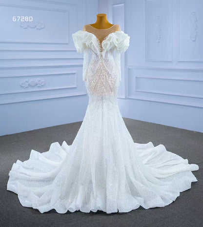 Vintage Mermaid Pearl Wedding Dresses with Sleeves 67280-wedding dresses 2025 -Viniodress-Ivory-Custom Size-