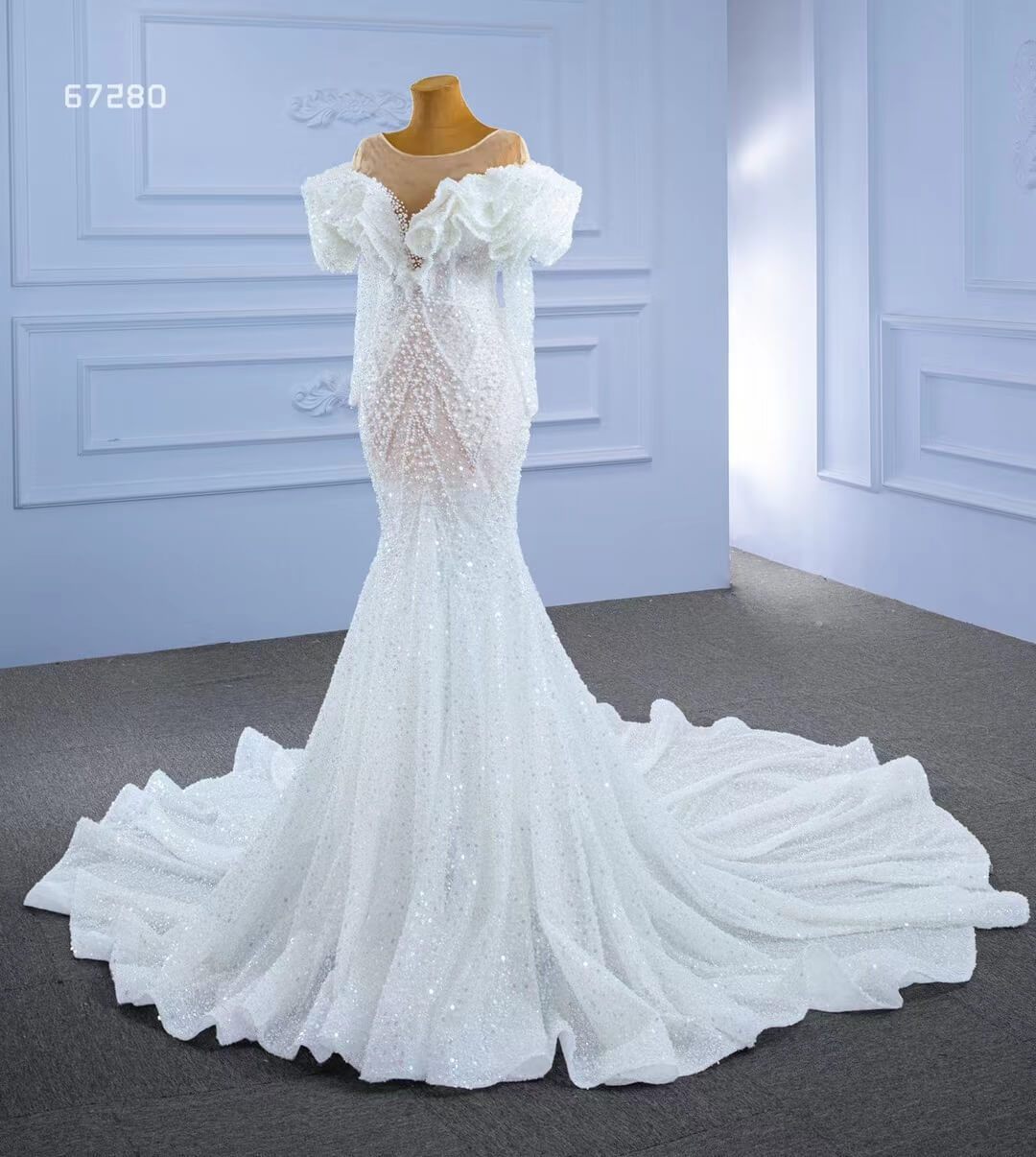 Vintage Mermaid Pearl Wedding Dresses with Sleeves 67280-wedding dresses 2025 -Viniodress-Ivory-Custom Size-