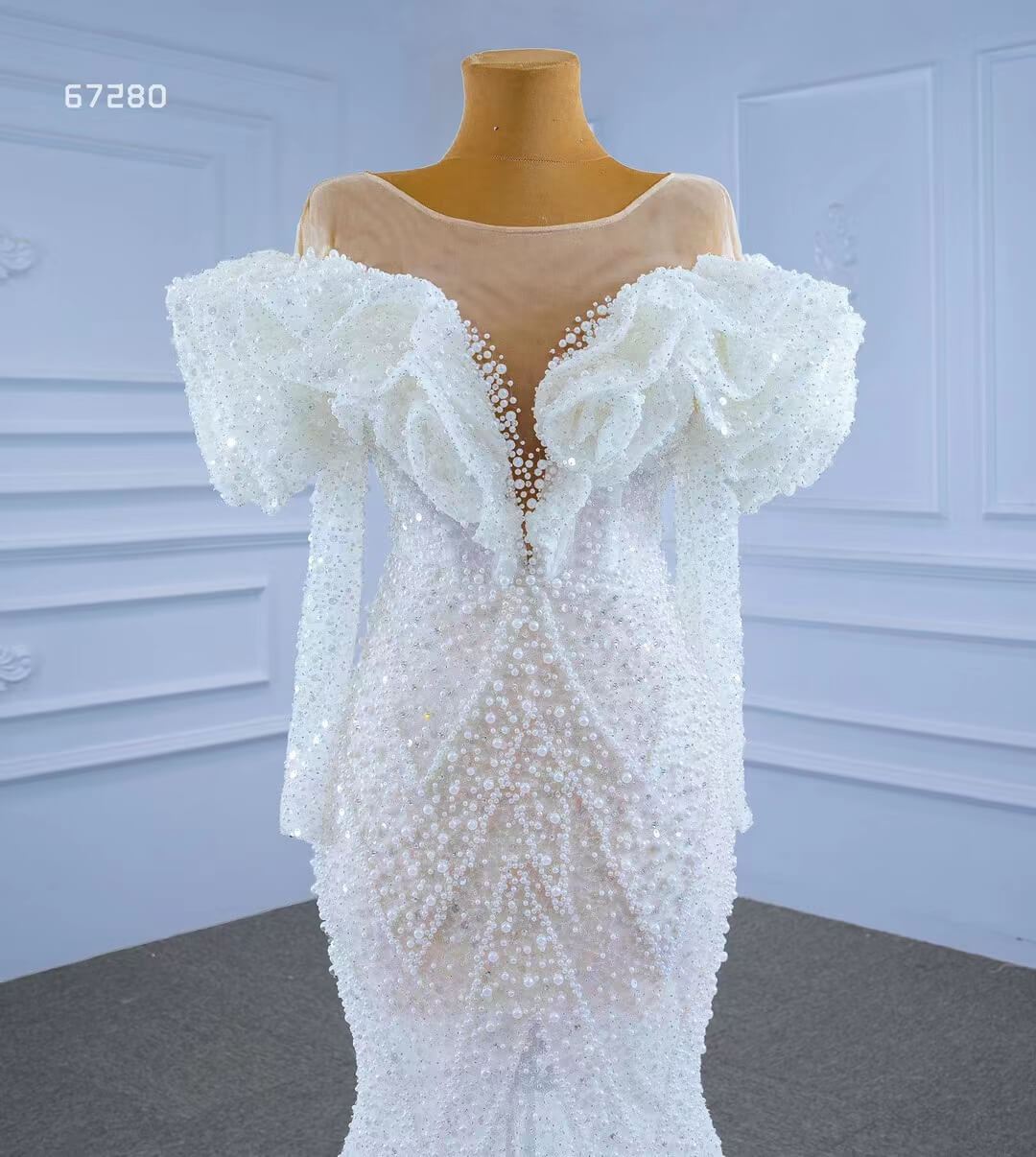 Vintage Mermaid Pearl Wedding Dresses with Sleeves 67280-wedding dresses 2025 -Viniodress-Ivory-Custom Size-