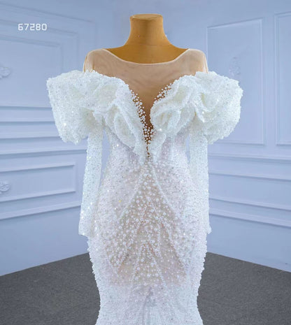 Vintage Mermaid Pearl Wedding Dresses with Sleeves 67280-wedding dresses 2025 -Viniodress-Ivory-Custom Size-