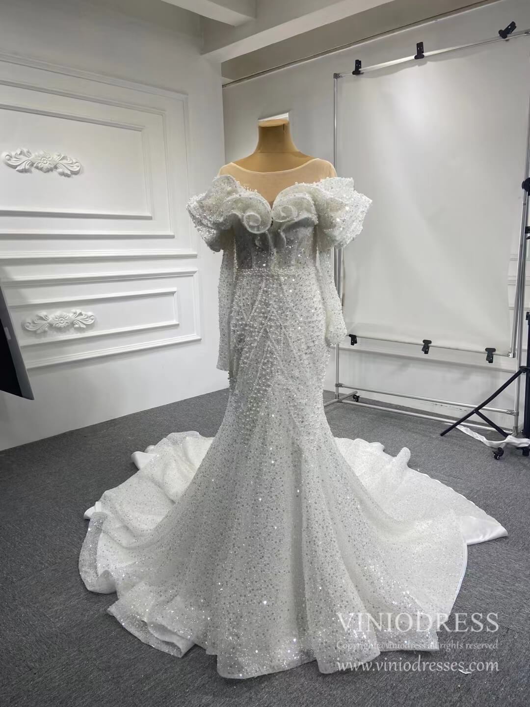 Vintage Mermaid Pearl Wedding Dresses with Sleeves 67280-wedding dresses 2025 -Viniodress-Ivory-Custom Size-