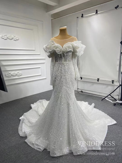 Vintage Mermaid Pearl Wedding Dresses with Sleeves 67280-wedding dresses 2025 -Viniodress-Ivory-Custom Size-