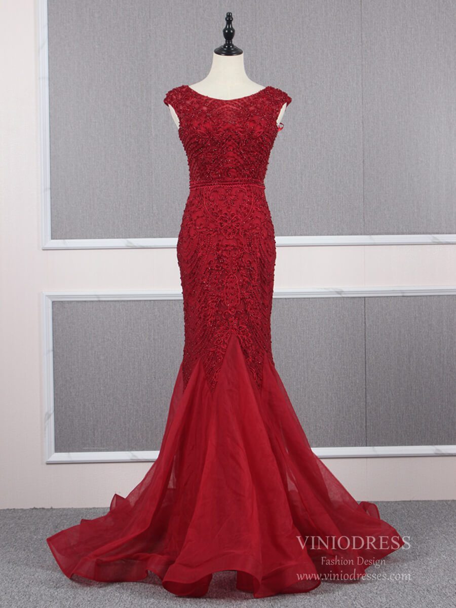 Vintage Mermaid Prom Dresses Beaded Formal Evening Dress FD2468-Evening Dresses 2025 -Viniodress-Dark Red-US 2-