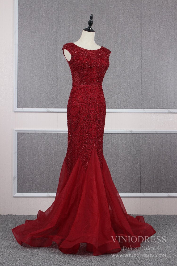 Vintage Mermaid Prom Dresses Beaded Formal Evening Dress FD2468-Evening Dresses 2025 -Viniodress-Dark Red-US 2-