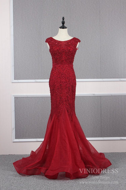 Vintage Mermaid Prom Dresses Beaded Formal Evening Dress FD2468-Evening Dresses 2025 -Viniodress-Dark Red-US 2-