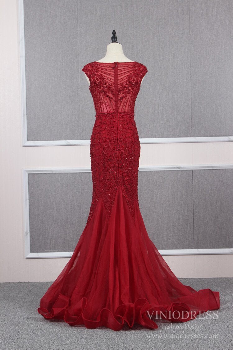 Vintage Mermaid Prom Dresses Beaded Formal Evening Dress FD2468-Evening Dresses 2025 -Viniodress-Dark Red-US 2-