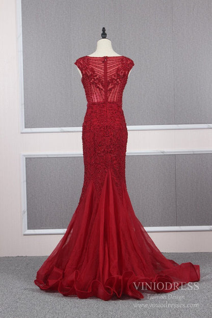 Vintage Mermaid Prom Dresses Beaded Formal Evening Dress FD2468-Evening Dresses 2025 -Viniodress-Dark Red-US 2-