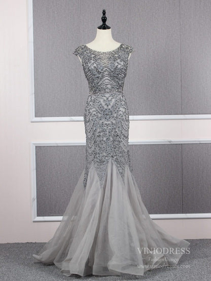 Vintage Mermaid Prom Dresses Beaded Formal Evening Dress FD2468-Evening Dresses 2025 -Viniodress-Grey-US 2-