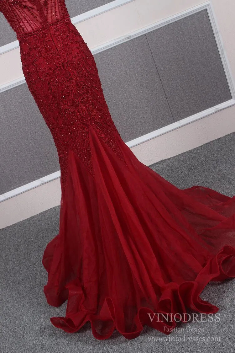 Vintage Mermaid Prom Dresses Beaded Formal Evening Dress FD2468-Evening Dresses 2025 -Viniodress-Dark Red-US 2-