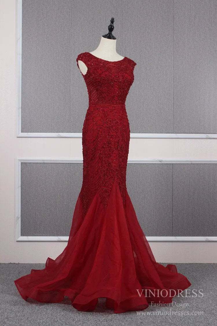 Vintage Mermaid Prom Dresses Beaded Formal Evening Dress FD2468-Evening Dresses 2025 -Viniodress-Dark Red-US 2-